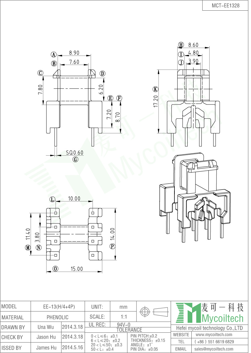 EE13 Bobbin For High Frequency Transformer With 4+4 Pins .