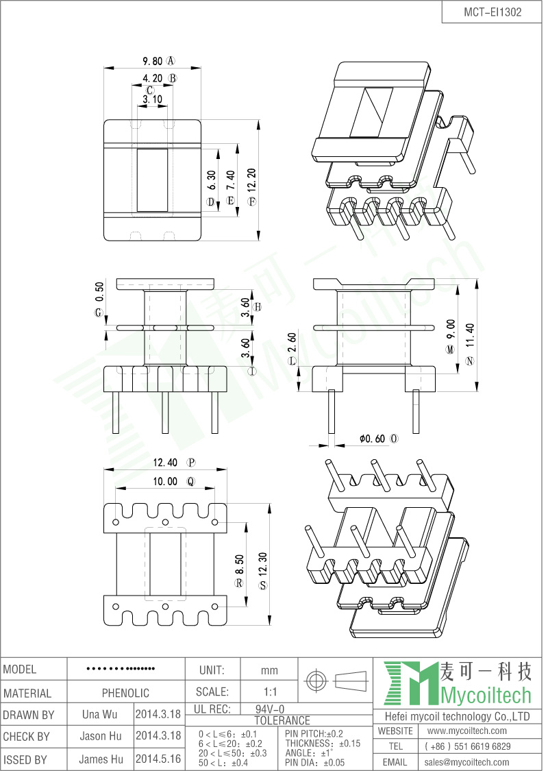 Double Slots EI13 Transformer Vertical Bobbin Penolic Material